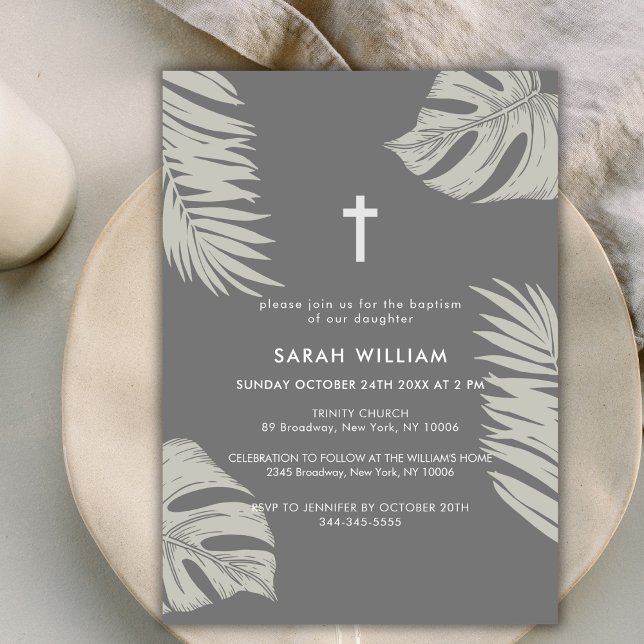 Invitation Elégant Grey Boho Feuille Cross Baptism (Elegant Grey Boho Leave Gold Cross Baptism Invitation)