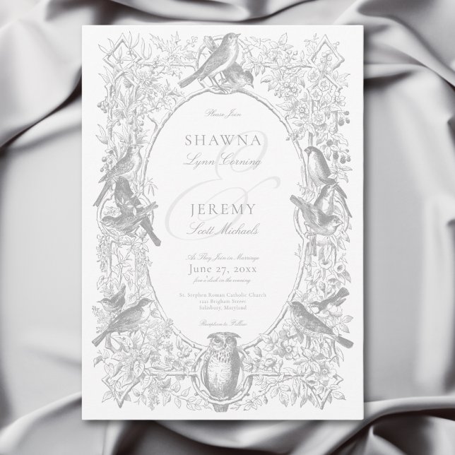 Invitation Elegant Grey Chinoiserie Nature & Oiseaux Mariage (Elegant Gray Chinoiserie Nature & Birds Wedding Invitation)