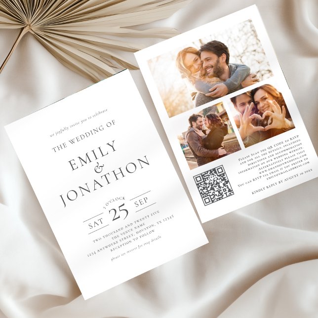 Invitation Elegant Grey Ecriture 3 Photos QR Code Mariage (Front and back view)