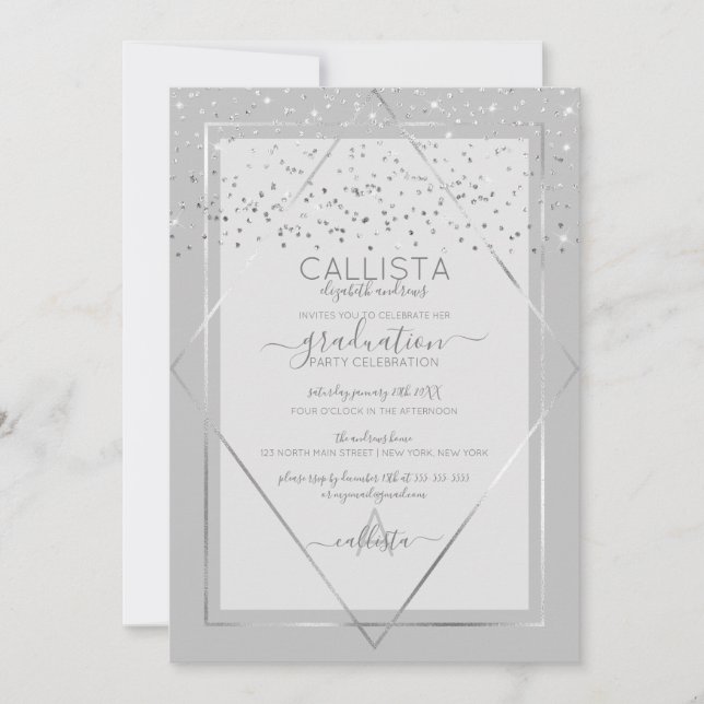 Invitation Elégant gris argent Confetti frontière Graduation (Devant)