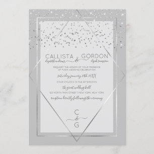 Invitation Elégant Gris Argent Confetti Geo Mariage frontière