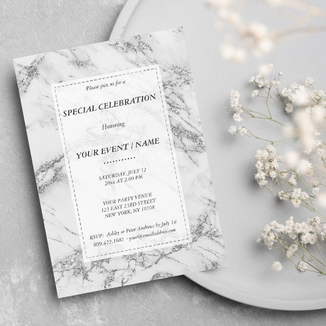 Invitation Elégant gris argent parties scintillant marbre Évé (Elegant gray silver glitter marble Event)