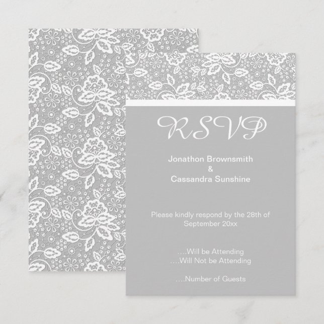 INVITATION ÉLÉGANT GRIS ARGENTÉ BLANC RSVP EN DENTELLE (Devant / Derrière)