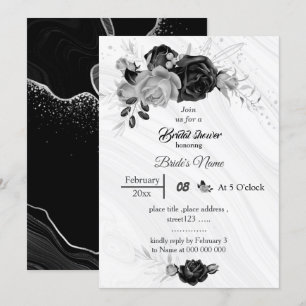 Invitation élégant gris argenté et fleurs noires douche de ma