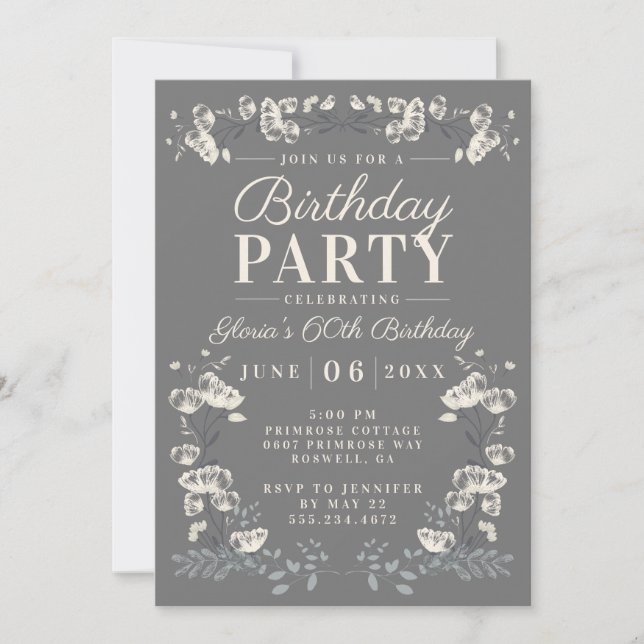 Invitation Elégant gris & blanc floral 60e anniversaire Invit (Devant)