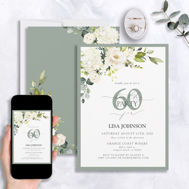 Invitation Élégant gris blanc vert floral 60e anniversaire (Créateur téléchargé)