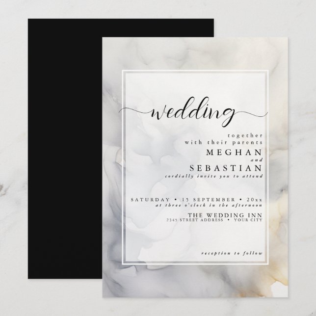 Invitation Elégant gris et or pâle nuage doux (Devant / Derrière)