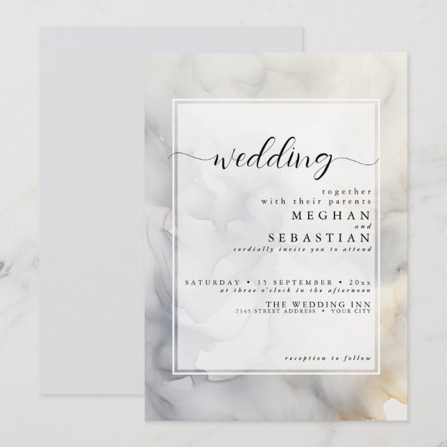 Invitation Elégant gris et or pâle nuage doux (Devant / Derrière)