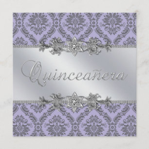 Invitation Elegant gris et pourpre damassé Quinceanera