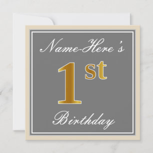 Invitation Elégant, Gris, Faux Gold 1er Anniversaire; Nom per