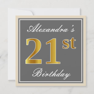 Invitation Elégant, gris, Faux Gold 21e anniversaire + Nom
