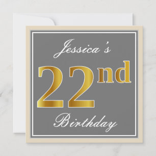 Invitation Elégant, gris, Faux Gold 22e anniversaire + Nom