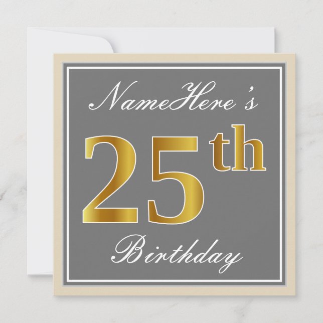 Invitation Elégant, gris, Faux Gold 25e anniversaire + Nom (Devant)