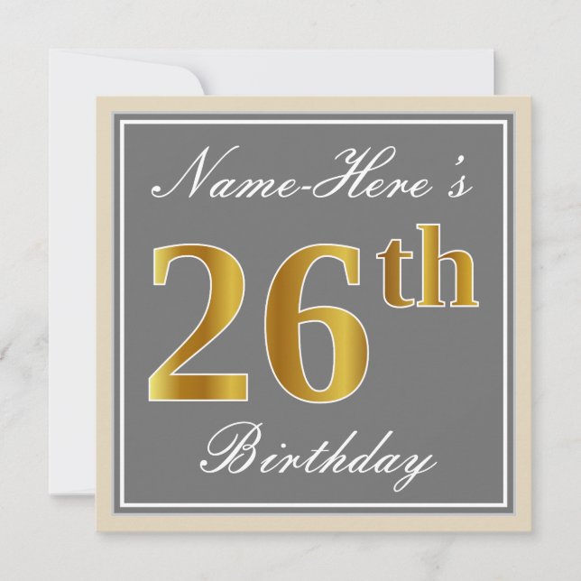 Invitation Elégant, gris, Faux Gold 26ème anniversaire + Nom (Devant)