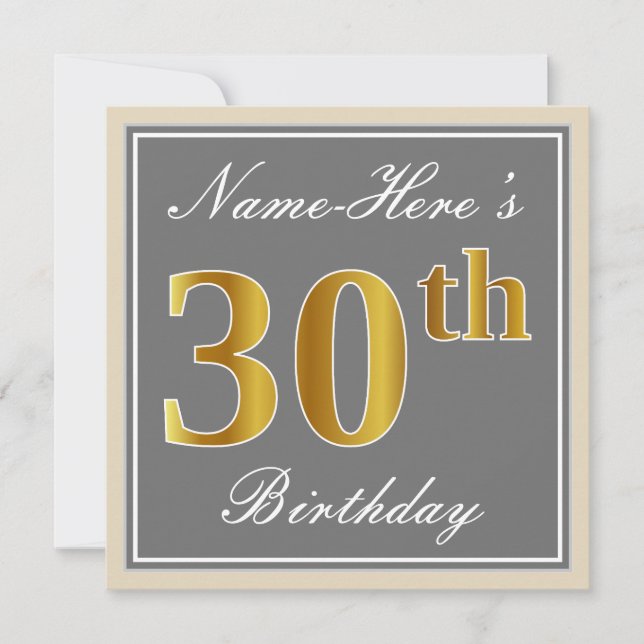 Invitation Elégant, gris, Faux Gold 30e anniversaire + Nom (Devant)