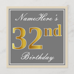 Invitation Elégant, gris, Faux Gold 32e anniversaire + Nom