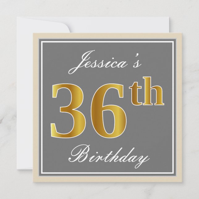 Invitation Elégant, gris, Faux Gold 36ème anniversaire + Nom (Devant)