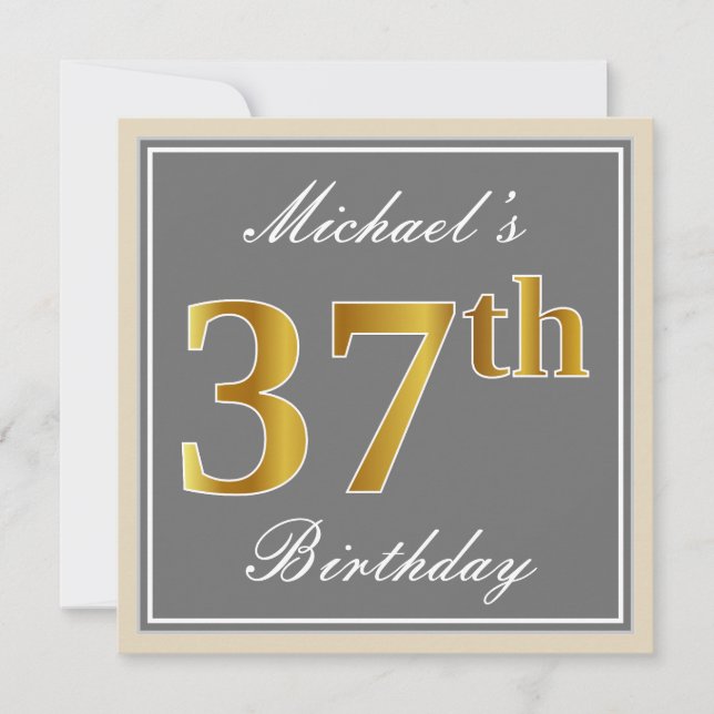 Invitation Elégant, gris, Faux Gold 37ème anniversaire + Nom (Devant)