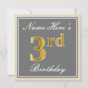 Invitation Elégant, gris, Faux Gold 3e anniversaire; Nom pers