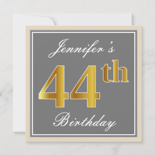 Invitation Elégant, gris, Faux Gold 44e anniversaire + Nom