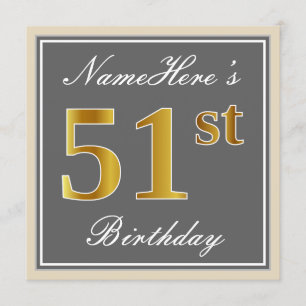 Invitation Elégant, gris, Faux Gold 51e Anniversaire + Nom