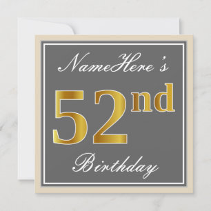 Invitation Elégant, gris, Faux Gold 52e anniversaire + Nom