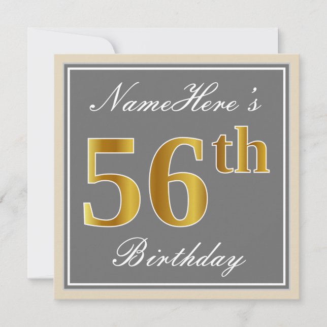 Invitation Elégant, gris, Faux Gold 56ème anniversaire + Nom (Devant)