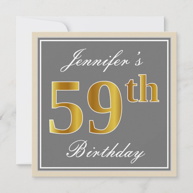 Invitation Elégant, gris, Faux Gold 59e anniversaire + Nom (Devant)