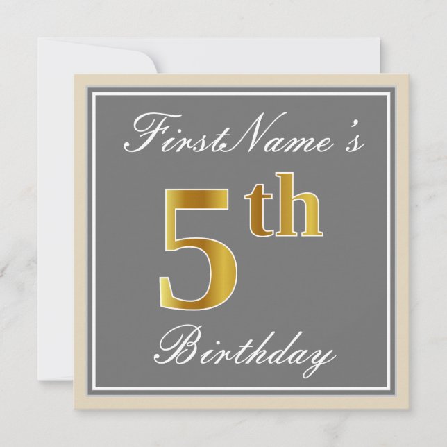 Invitation Elégant, gris, Faux Gold 5e anniversaire; Nom pers (Devant)
