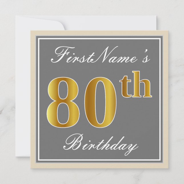 Invitation Elégant, gris, Faux Gold 80e anniversaire + Nom (Devant)