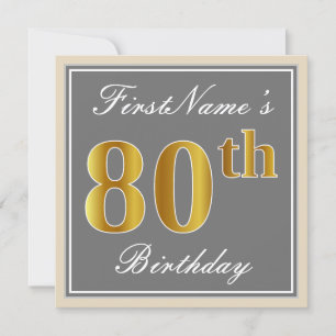 Invitation Elégant, gris, Faux Gold 80e anniversaire + Nom