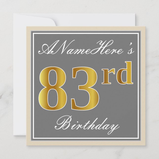 Invitation Elégant, gris, Faux Gold 83e anniversaire + Nom (Devant)