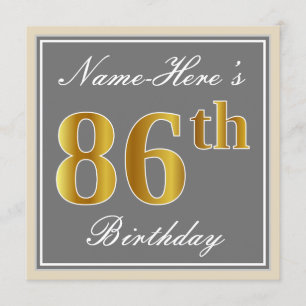 Invitation Elégant, gris, Faux Gold 86e anniversaire + Nom