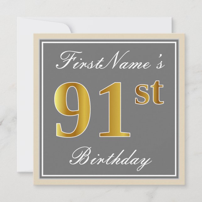 Invitation Elégant, gris, Faux Gold 91e anniversaire + Nom (Devant)