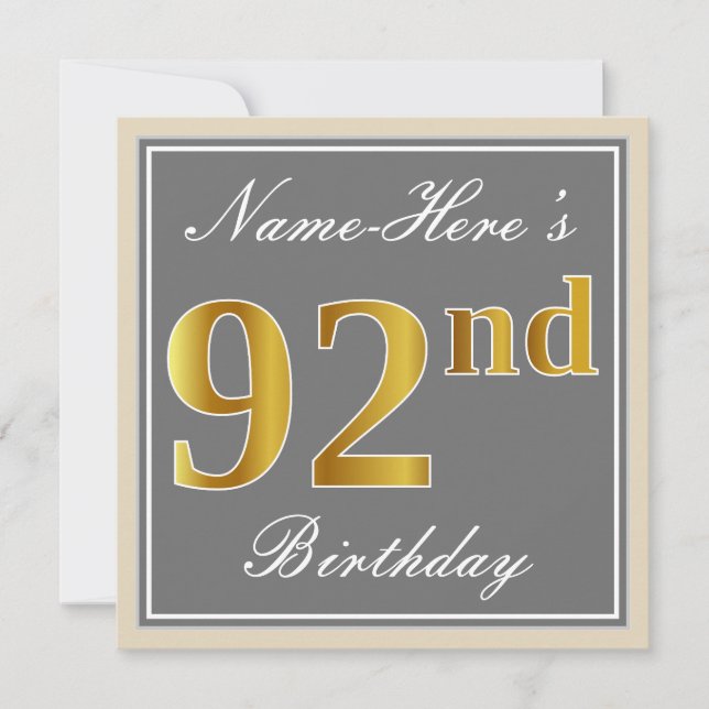 Invitation Elégant, gris, Faux Gold 92e anniversaire + Nom (Devant)