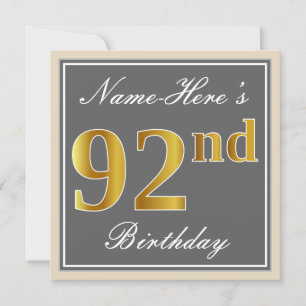 Invitation Elégant, gris, Faux Gold 92e anniversaire + Nom