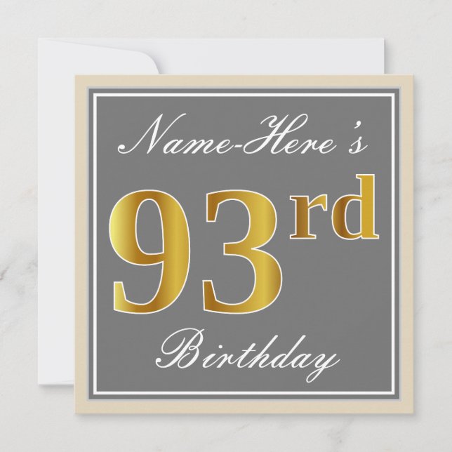 Invitation Elégant, gris, Faux Gold 93ème anniversaire + Nom (Devant)