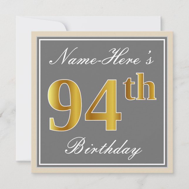 Invitation Elégant, gris, Faux Gold 94ème anniversaire + Nom (Devant)
