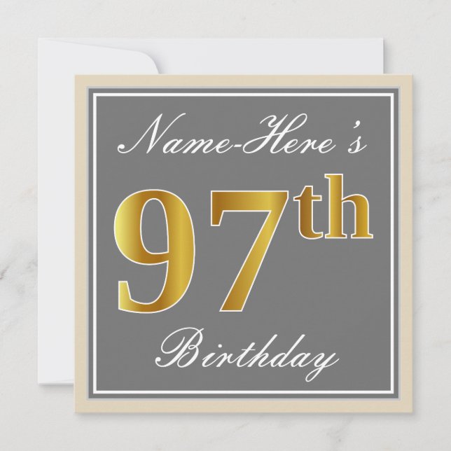 Invitation Elégant, gris, Faux Gold 97ème anniversaire + Nom (Devant)