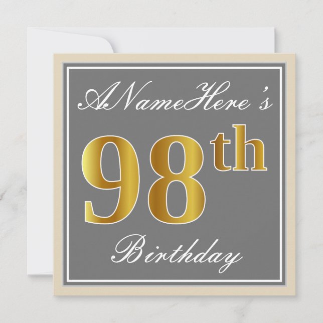 Invitation Elégant, gris, Faux Gold 98ème anniversaire + Nom (Devant)