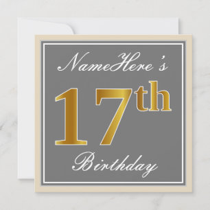 Invitation Elégant, gris, Faux Or 17ème anniversaire + Nom