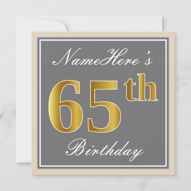 Invitation Elégant, gris, Faux Or 65ème anniversaire + Nom (Devant)