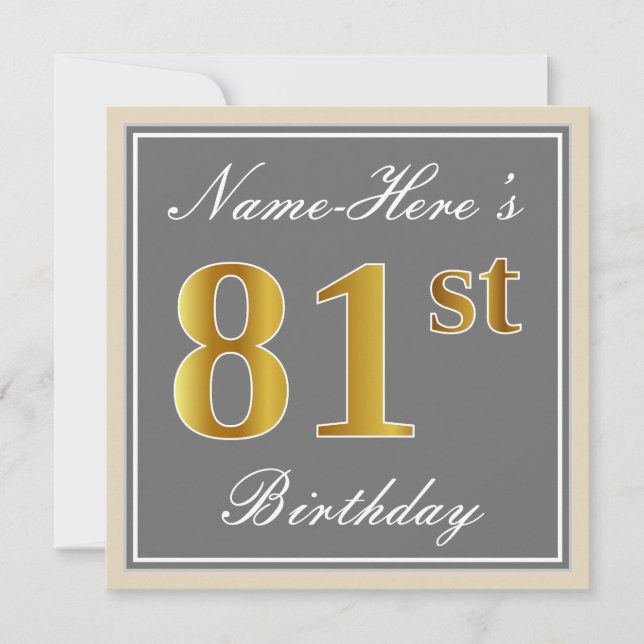 Invitation Elégant, gris, Faux Or 81ème Anniversaire + Nom (Devant)