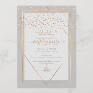 Invitation Elégant Gris Gold Confetti frontière Anniversaire
