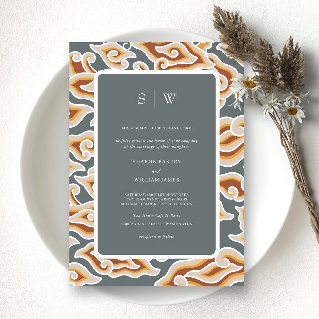 Invitation Élégant Gris & Or Waves Monogram Mariage (Personalized Vibrant Batik Symphony A Multicolor Wedding Invitation)