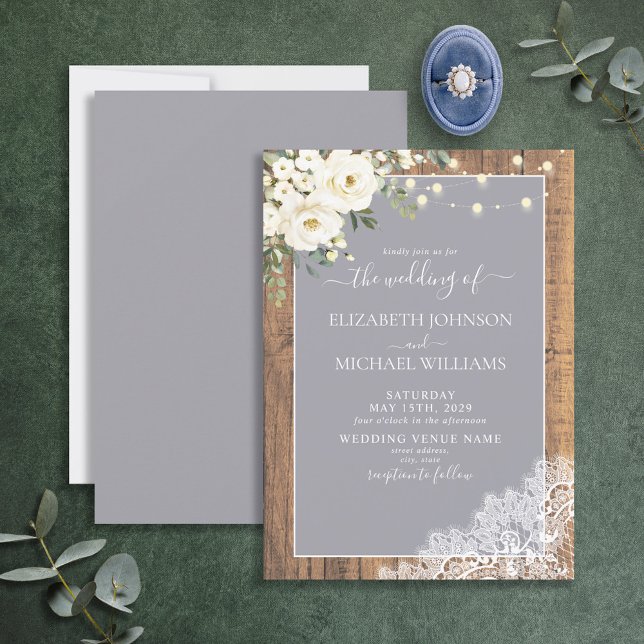 Invitation Élégant gris rustique Mariage de script en dentell (Créateur téléchargé)