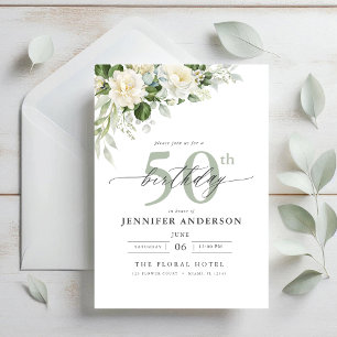 Invitation Elégant gris vert floral 50e anniversaire