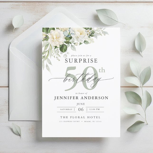 Invitation Elégant gris vert Floral Surprise Anniversaire (Créateur téléchargé)
