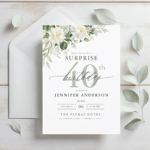 Invitation Elégant gris vert Floral Surprise Anniversaire
