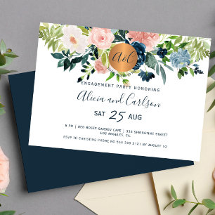 Invitation Élégant groupe d'engagement en monogramme bleu de 